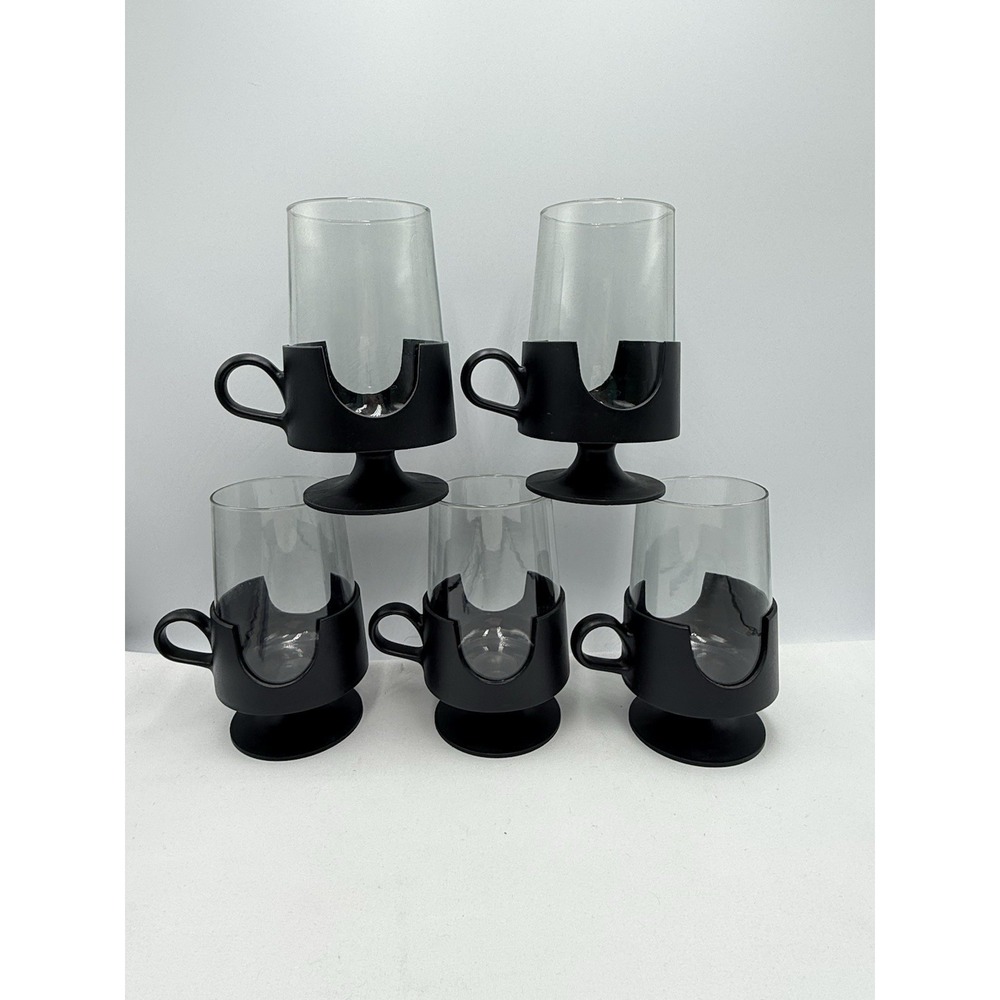 MCM Glas-Snap by Corning  12 oz Glass Pedestal Mugs Set of 5 Black